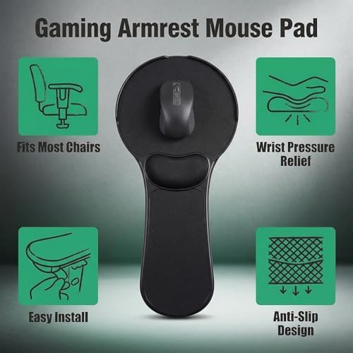 Ergonomic Adjustable Chair Arm Rest Mouse Pad with Wrist Cushion,Mouse Extension Platform Tray with Anti-Fall Baffle, Chair Attachment Arm Support with Straps (Black)