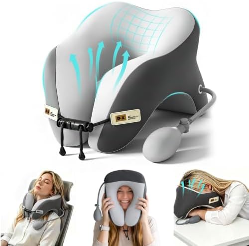 Desk Pillow for Napping, Neck Pillow for Office Chair Headrest, Neck Support Pillows for Desk Sleeping, Inflatable Neck Pillow for Work/Travel/Airplane, Face Down Pillow, Adjustable Height (Grey)