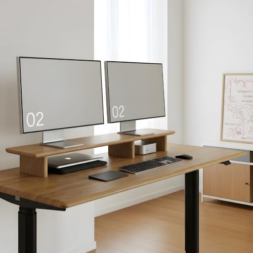 White Oak Dual Monitor Stand Riser - 43.3" Wooden Monitor Stand for 2 Monitors, Minimalist Desk Shelf Organizer for iMac, Laptop & Ultrawide Displays