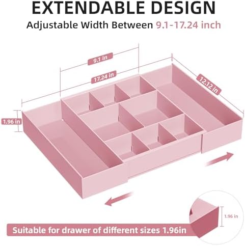Marbrasse Expandable Desk Drawer Organizer, Clear Plastic Drawer Organizer Tray with 10 Adjustable Compartments, Desk Organizers and Accessories, 5 Drawer Dividers for Office Supplies, Makeup (Pink)