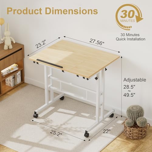 VECELO Mobile Small Standing Desk Adjustable Height, Computer Workstations with Tiltable Tabletop, Lockable Wheels, Portable Rolling Laptop Desk for Home Office, Oak