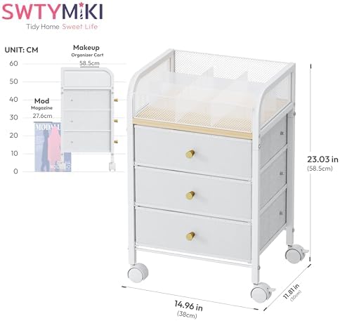 SWTYMIKI Rolling Makeup Organizer Cart - 14.96″*11.81″*23.03″ Widened Under Desk Vanity Storage with 3 Non-woven Drawers, Cosmetic Display Cases for Skin Care Perfume Nail Polish Brush Hair Tool White