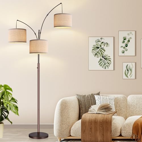 Dimmable Floor Lamp, 3 Lights Brown Arc Floor Lamp, Modern Tall Standing Tree Lamp with Beige Linen Shades & Heavy Base, 3000LM LED Bulbs, Bright Lighting for Living Room, Bedroom, Office & Reading