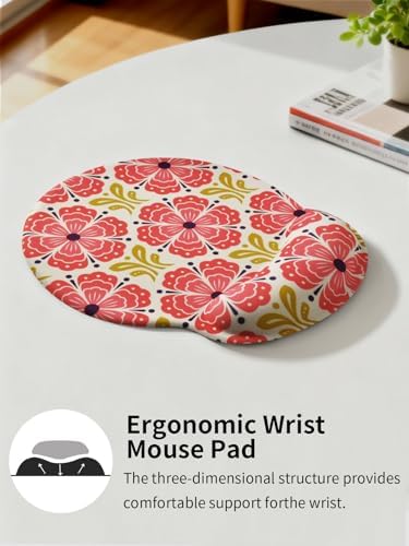 Seorsok Red Flower Mouse Pad with Gel Wrist Support Mouse Pad,Ergonomic Aesthetic,Comfortable Mousepad for Office Game Work Computer,Pain Relief Mousepad with Non-Slip Silicone Base,Blooming Floral