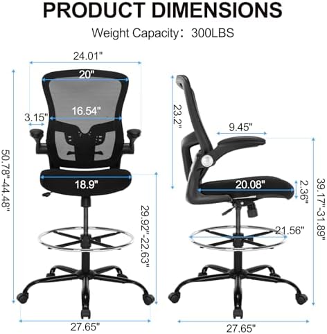 Drafting Chair, Ergonomic Tall Office Chair with Lumbar Support Standing Desk Stool with Flip-up Armrests Comfy High Office Desk Chair with Adjustable Foot Ring for Counter Height Desk, Black
