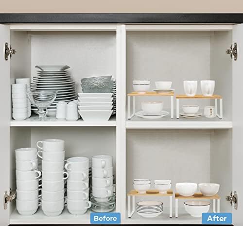 NEX Kitchen Cabinet and Counter Shelf Organizer, Stackable & Expandable, White and Natural