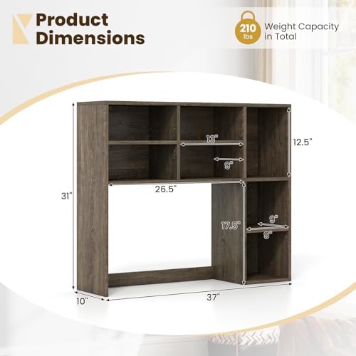 Giantex Desktop Bookshelf, Desk Hutch Dorm w/ 7 Cubes & 3 Adjustable Shelves, Desk Shelf for Up to 27" Computer Monitors, Wooden Desktop Storage Organizer for Dorm College Office Home (Grey Oak)