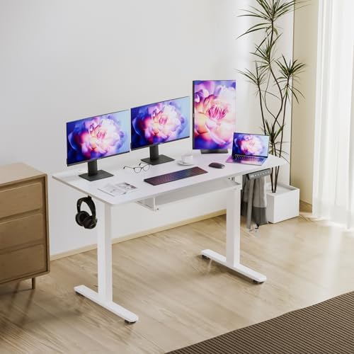 Electric Height Adjustable Standing Desk with Keyboard Tray, 55 * 24 Inch Sit Stand Up Desk, Ergonomic Computer Desk with 2 Headphone Hook for Home Office Sturdy Writing Workstation, Gaming