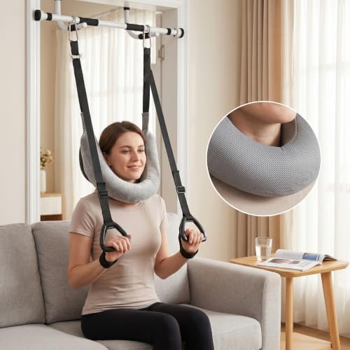 Neck Stretcher Cervical Traction: Cervical Neck Traction Device, Hanging Decompression Device with Wrist Straps & Hooks, Fits Home Pull-up Bars, Silver, One Size