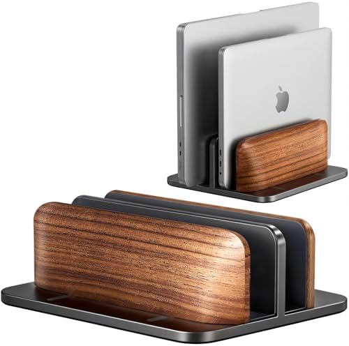 JCZT Vertical Laptop Stand, Walnut Dual Laptop Holder, Black