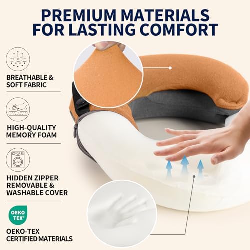 BUYUE Kids Travel Pillows for Airplane, Memory Foam 360° Head Support Sleeping Essentials for Long Flight, Skin-Friendly Soft Neck Pillow for Traveling in Car Seat, (Small, Orange Grey, 40-90 lbs)