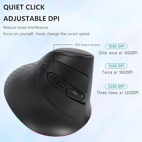 Wireless Mouse, Vertical Ergonomic Mouse 2.4G Bluetooth Dual Mode 3 DPI Rechargeable Connect Multiple Devices Vertical Mouse 6 Buttons and RGB Lights Suitable for PC Laptop Computer(Black)