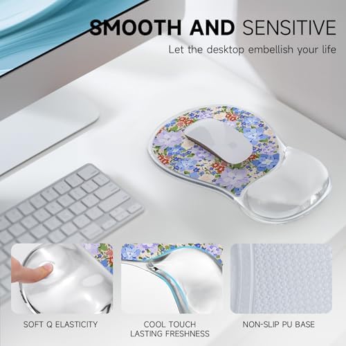 AUPET Ergonomic Mouse Pad with Gel Wrist Support – Non-Slip Mouse Mat with Comfortable Memory Gel Cushion – Relieves Wrist Pain – Designer Pattern for Home Office & Gaming (Violet-Blue Blossom Patch)