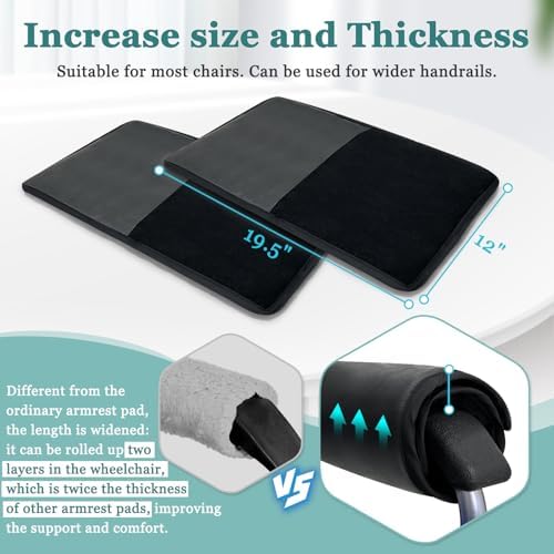Wheelchair Arm Cushions-Wheel Chair Armrest Covers Transport Chair Arm Rest Support Pads Office Chair Padded Accessories Soft Easy Clean PU and Plush Double Sided, Thickened (2 PCS)