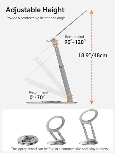 Telescopic Laptop Stand with 360° Rotation, Adjustable Height & Tilt Swivel Laptop Riser, Ergonomic Standing Desk Converter for 10-17" MacBook Pro/Air, Dell, HP – Supports up to 22lbs (Silver)