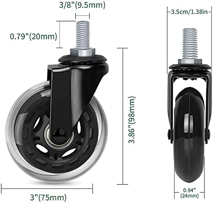 3" Thread Screw in Office Chair Caster Wheels, 3/8"-16x1(Not Metric M10), Safe for All Floors, PU Rubber Furniture,Carts Stem Caster Wheels,No Scratch,650Lbs Weight Capacity