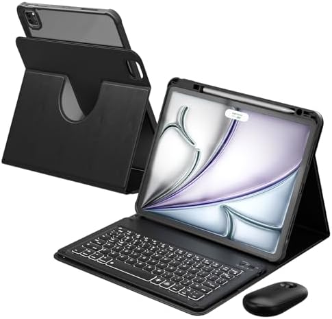 YBING for iPad Air 13 Inch & Pro 12.9 Case with Keyboard and Mouse, 7 Colors Backlit Detachable Keyboard & 360° Rotating Cover (iPad Placed Horizontal or Vertical) with Pencil Holder (Black)
