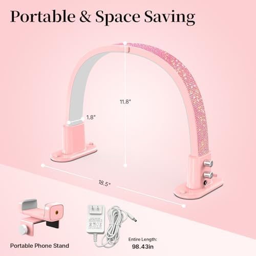 BLUVALL Half Moon Nail Lamp for Desk Portable Nail Desk Lamp with Phone Holder, Stepless Adjustment of Brightness and Color Temperature Desk Lamp for Nail Tech, Eyelash, Tattoo, Makeup (Pink)
