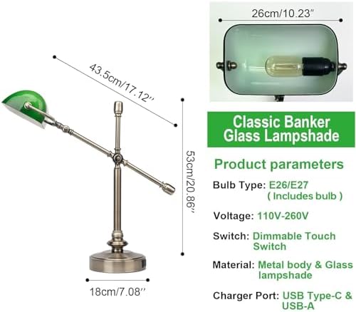 FIRVRE Green Bankers Desk Lamp, Dimmable Retro LED Desk Lamp with Charging Function, Touch Adjustable Dimming E26 Lamp, Retro Style Reading Light for Study, Home Office, Living Room(1Bulb Included)