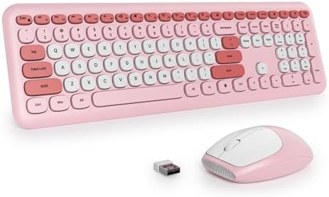 surmen Cute Wireless Keyboard and Mouse Combo, Pink Wireless Keyboard with Silent Mouse, Full Size Slim Low-Noise Soft Touch Round Keys for Home and Office,（6-Pink）
