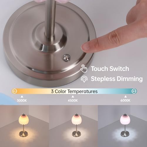 Shenmoyl Rechargeable Table Lamp with 5200mAh Battery & Touch Control - 3 Adjustable Color Temperatures, Cordless Dimmable Table Light for Bedroom, Office Desk, Nightstand (Creamy Pink,Silver Base)