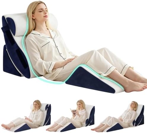 4PCS Wedge Pillow Set for After Surgery, Orthopedic Bed Wedge Pillow for Back Pain Relief, Sitting Up in Bed, Acid Reflux, Adjustable Post Surgery Pillows for GERD, Snoring, White/Navy