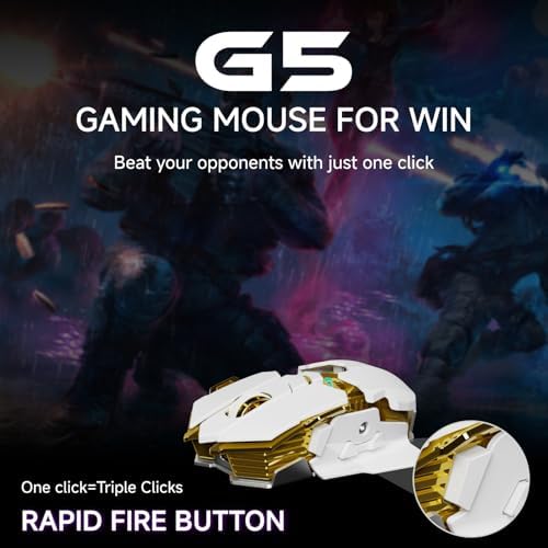 EWEADN G5 Tri-Mode Wireless Gaming Mouse, 12800 DPI Programmable Ergonomic Mouse with Metal Base for Stability, 500mAh Rechargeable, 8 Macro Buttons, Rapid Fire Key, RGB Backlit for FPS PC Mac- White