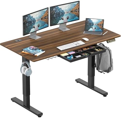 SHW 55 x 28 Electric Height Adjustable Standing Desk w/Drawer, Walnut