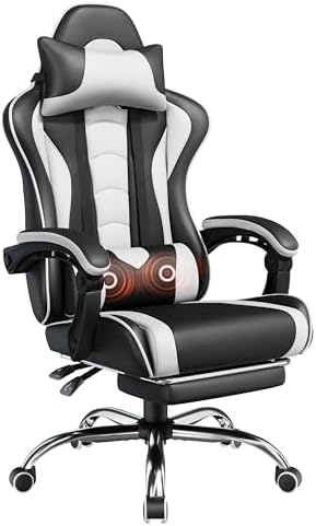 Yaheetech Gaming Chair with Footrest Massage Lumbar Pillow Black and White