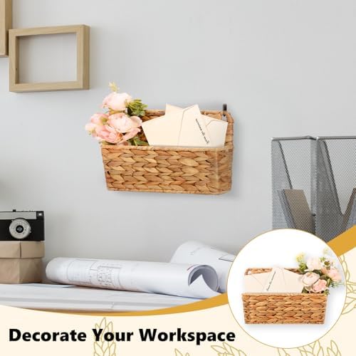 2 Pcs Woven Mail Holder Wall Mount Basket 9.25x1.57 Inch Rattan Wall Letter Holder Wicker Wall Basket Storage Water Hyacinth Hanging Storage Basket with Hooks for Mail Envelope Office