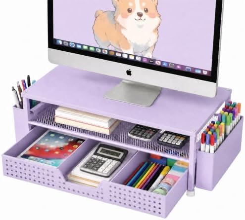 ECOLOVI Desk Organizer and Accessories, 2-Tier Computer Monitor Stand Rise with Storage Drawer & 2 Pen Holders, Laptop & Printer Stand for Desktop, Workspace Organizers for Office Supplies (Purple)