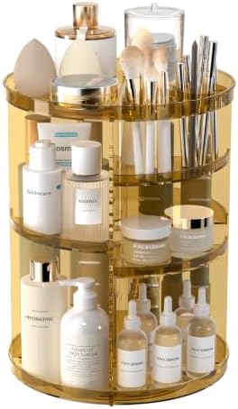 Rotating Makeup Organizer, DIY 8 Adjustable Layers Spinning Skincare Storage, Cosmetic Display Case with Brush Holder and Perfume Tray, Multi-Function Vanity Bathroom Countertop Organizer Clear Gold