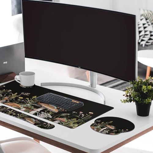 Britimes Keyboard Mouse Pad Set, 4 in 1 Desk Mat Set, Black Mushroom Flora