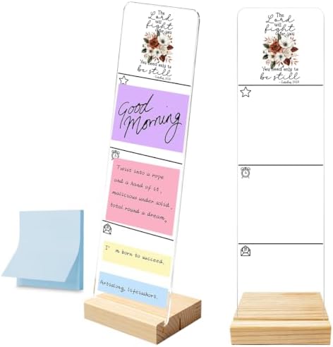 Sticky Note Holder, Monitor Memo Board, Acrylic Post It Note Holder With Wooden Base, Includes 100 Notes, Desk Organizer, Christian Quote “The Lord Will Fight For You You Need Only To Be Still” Floral