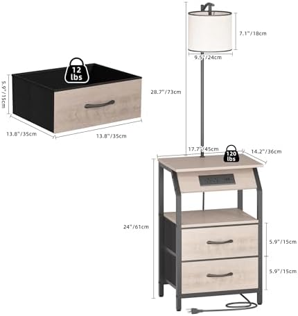 End Table with Floor Lamp, Nightstand with Charging Station, Floor Lamp Table with 3-Color Temperature Bulb, Bedside Table Night Stand with 2 Drawers for Bedroom, Living Room, Greige