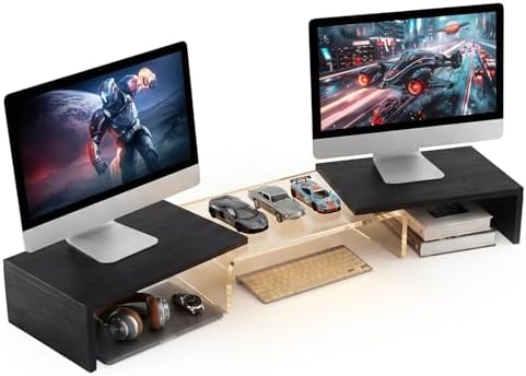 Dual Monitor Riser, Acrylic Monitor Riser with Keyboard Storage, Adjustable Angle & Length Computer Monitor Stand, Wide Desk Shelf for Top of Desk for Home Office_Black Maple Look
