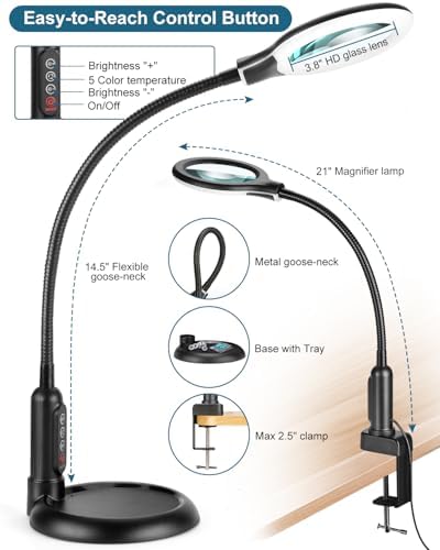 12X Magnifying Glass with Light and Stand, Real Glass, LED 5 Color Modes, Brightness Stepless Dimming Lighted Magnifier Hands Free with Flexible Gooseneck Desk Clamp Lamp for Close Work, Craft, Hobby