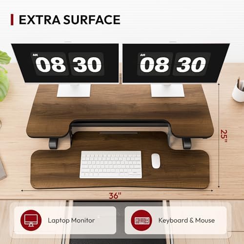 SANODESK 36" Standing Desk Converter, Smooth Mechanical Spring Effortless Lift Sit-Stand Riser for Dual Monitors, Heavy Duty Workstation with Keyboard Tray, Walnut