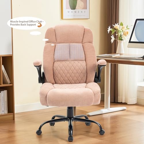 Massage Office Chair,500LBS Ergonomic Rocking Executive Desk Chairs with 4 Points Vibration&Heat,Padded Flipup Armrests for Big and Tall Office Chair,Swivel Computer Chair Pink
