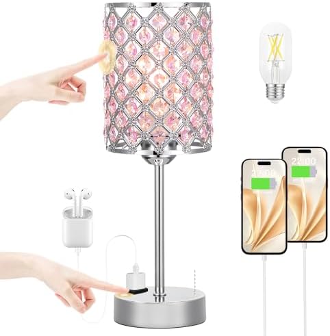 Hong-in Pink Bedside Lamps for Night Stands, Crystal Table Lamp for Bedroom