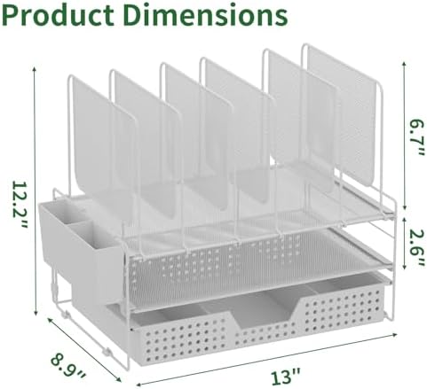 LEKETREE Desk Organizer, Office Organization with Vertical File Holder, File Organizer with Drawer and Pen Holder, Desk Accessories and Workspace Organizers for Home Office (White)