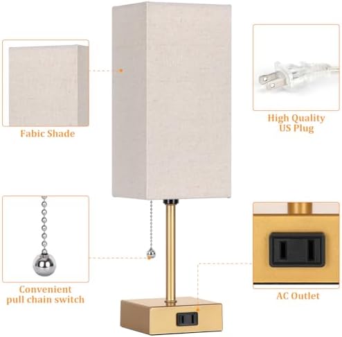 Table Lamp for Bedroom set of 2,3-Color Bedside Lamps with Pull Chain Gold