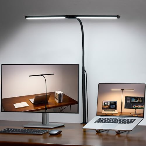 Voncerus LED Desk Lamp for Home Office, Double Head Desk Light with Clamp