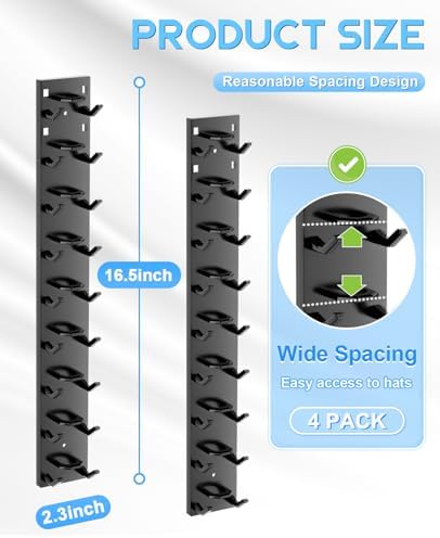 4 Pack Hat Organizer for Baseball Caps, Strong Adhesive Hat Rack for Wall, Multilayer Hat Storage Display Holder for Door Closet, Cap Organizer Storage Wall Mounted Hat Hooks Hold up to 36 Hat (Black)