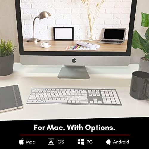 Macally Wireless Bluetooth Keyboard for Mac - Compatible Apple Keyboard or MacBook Pro/Air, iMac - Multi-Device, Up to 3 Devices with 110 Keys, 20 Shortcuts, Numeric Keypad, and Rechargeable - Silver