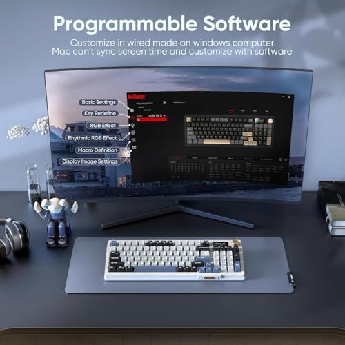 RedThunder K95 Wireless Mechanical Keyboard, TFT Screen & Knob, Tri-Mode BT5.0/2.4GHz/USB-C Hot Swappable Custom, Pre-lubed Linear Switches, Gasket Structure, RGB Gaming Keyboard, Snowy White-Blue