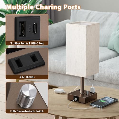 Brown Bedside Table Lamps Set of 2 - Dimmable, USB C+A, 2 AC Outlets