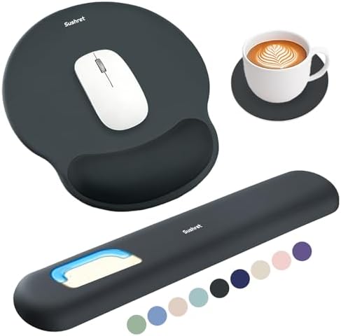 Sushret Mouse Pad and Keyboard Wrist Rest, 3-in-1 Gel Memory Foam Ergonomic Mouse Pad with Wrist Rest Set, Gaming Mousepad Arm Cushion Support for Computer Office Desk Accessories Cute Setup, Charcoal