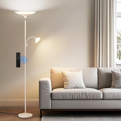 SIBRILLE Upgraded 2-Light Torchiere Floor Lamp - 34W Color Changing Standing Lamp with Remote, Rotatable Floor Reading Light, Modern Standing Light with for Living Room Bedroom Office, White