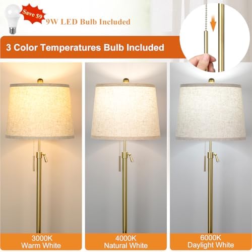 Gold Floor Lamp for Living Room 55-65" Adjustable Modern Brass Standing Lamp with Pull Chain Tall Pole Light with Beige Shade for Bedroom Reading Office Corner Nursery 9W LED Bulb Included 3 ColorTemp